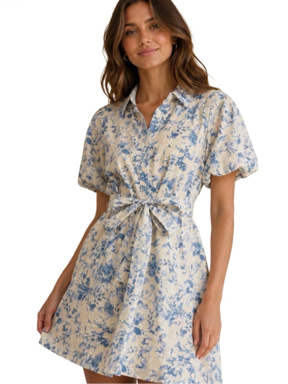 Sam Edelman Blue/White Floral eyelet print short puff sleeve mini Dress Size 12
